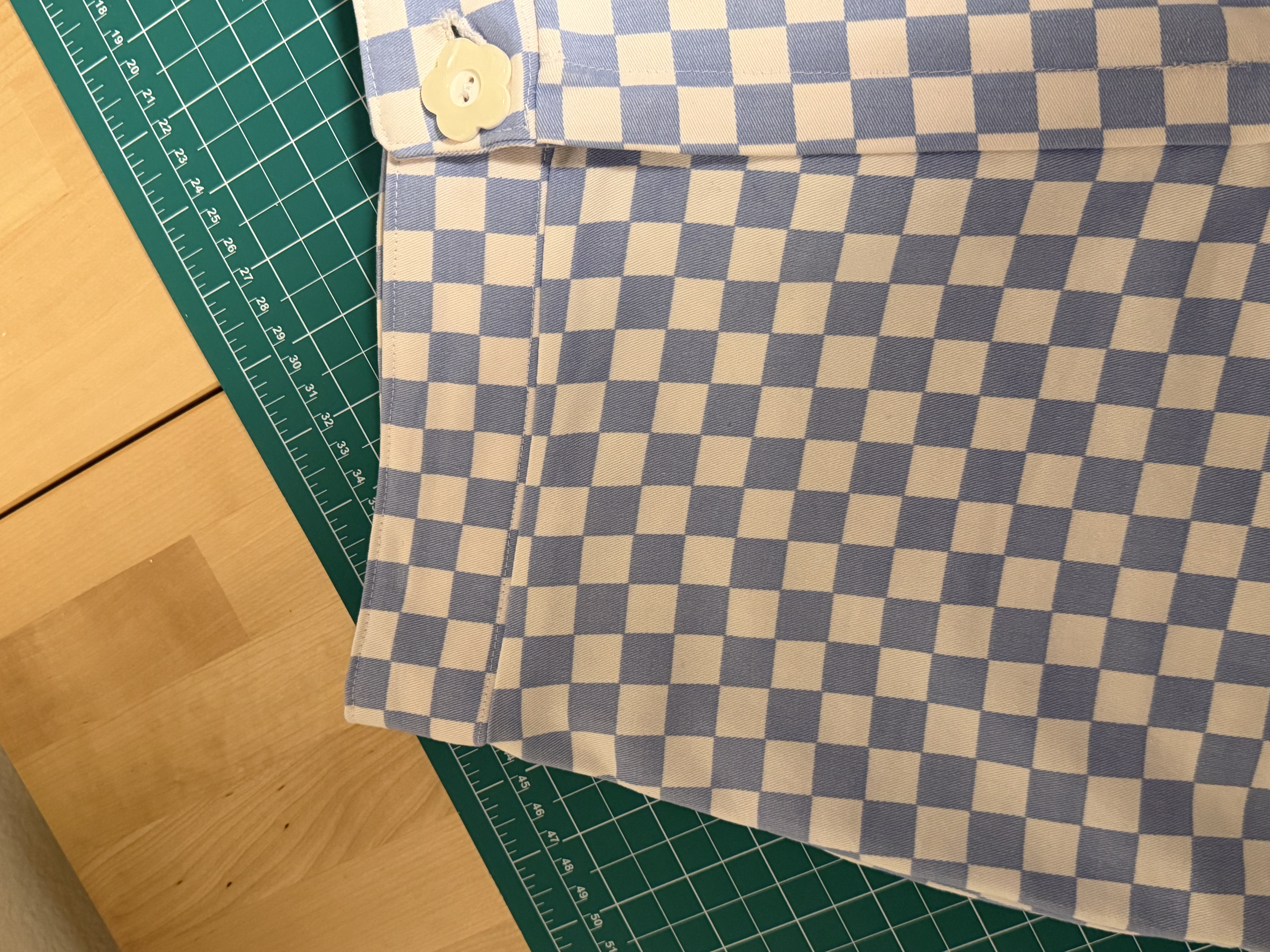 Close up of the zipper guard flap, checks lined up perfectly across it